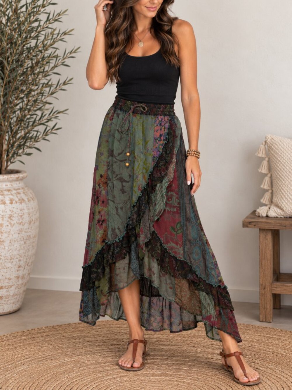 488. Women's Olive Green Patchwork Wrap Skirt